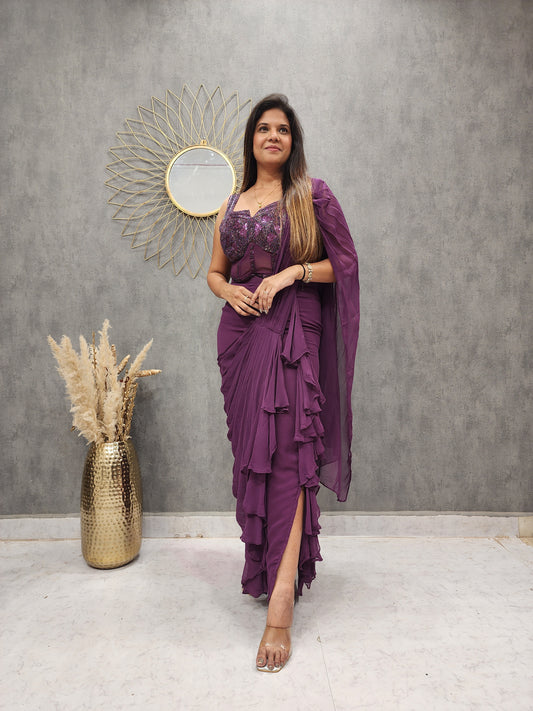 COCKTAIL WINE SIDE CUT RUFFLES DRAPE SAREE