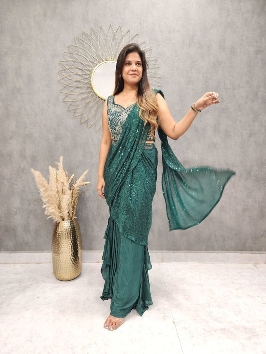 GLAM GREEN SEQUENCE DRAPE SAREE