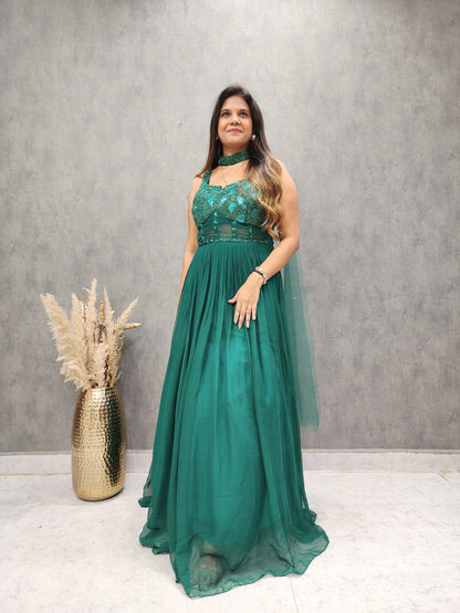 GREEN GOWN WITH CHOKER DUPATTA