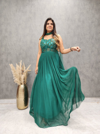 GREEN GOWN WITH CHOKER DUPATTA