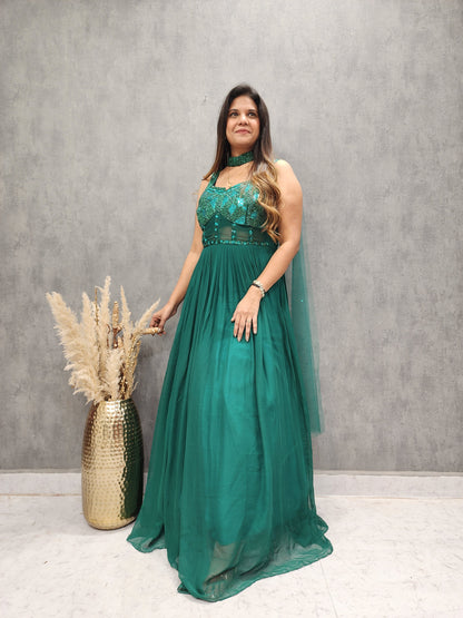 GREEN GOWN WITH CHOKER DUPATTA