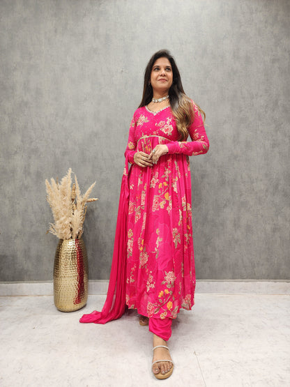 MANNAT FLORAL PRINT HOTPINK ANARKALI DRESS