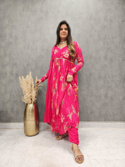 MANNAT FLORAL PRINT HOTPINK ANARKALI DRESS