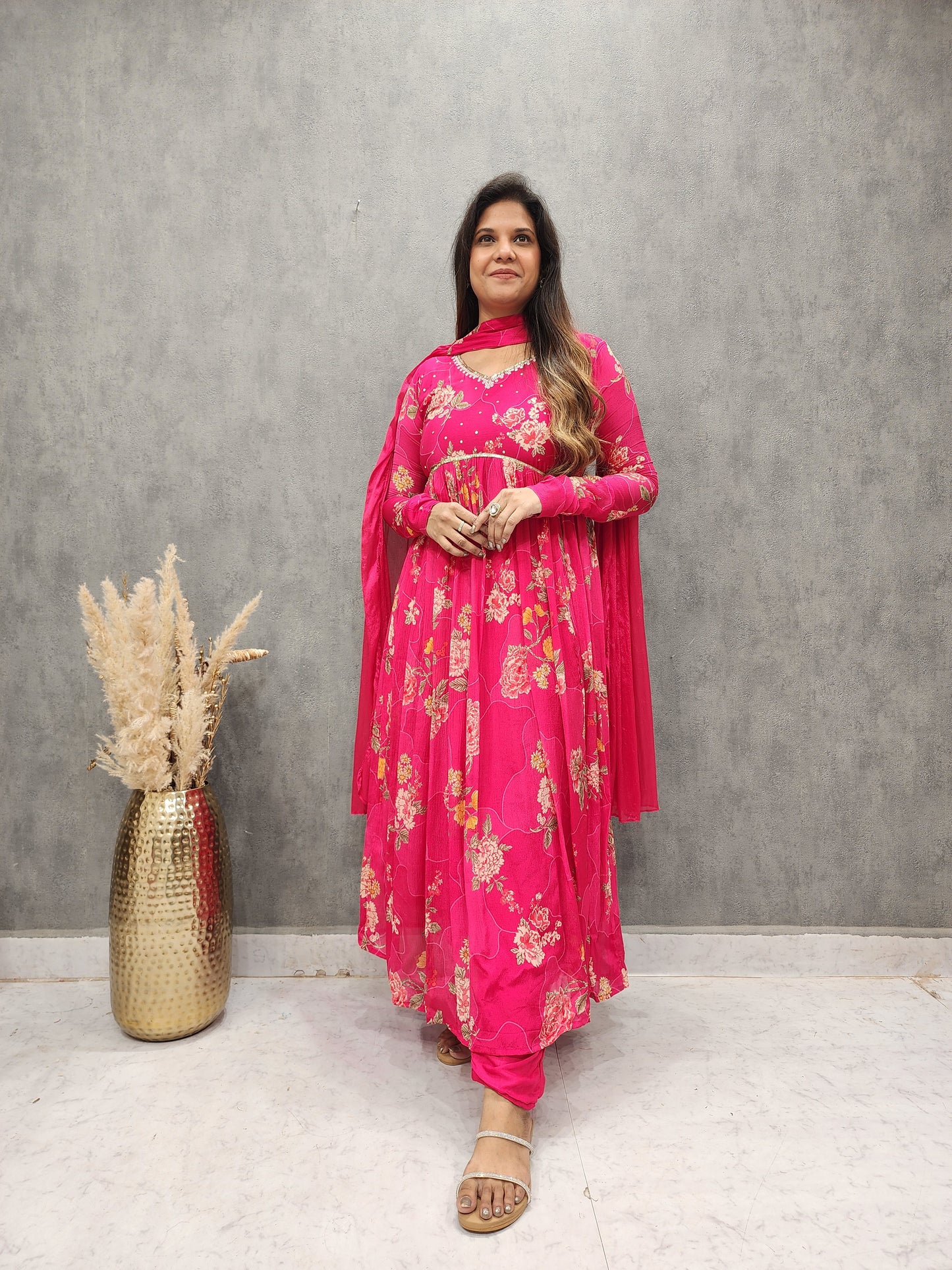 MANNAT FLORAL PRINT HOTPINK ANARKALI DRESS