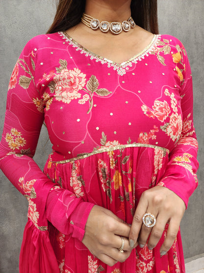 MANNAT FLORAL PRINT HOTPINK ANARKALI DRESS