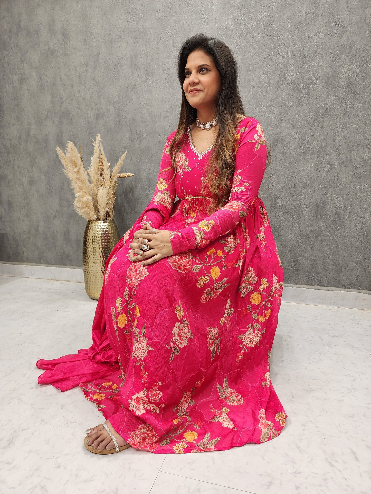 MANNAT FLORAL PRINT HOTPINK ANARKALI DRESS