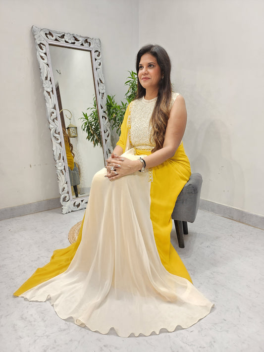 Blend of yellow and offwhite drape maxi gown