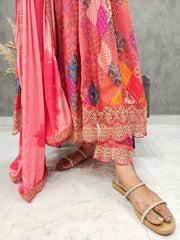 PINK ABSTRACT  EMBROIDED ANARKALI 3PC SUIT WITH ORGANZA DUPATTA