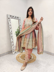 PEACH SHORT ANARKALI WITH TULIP AND GOTAPATTI DETAILING
