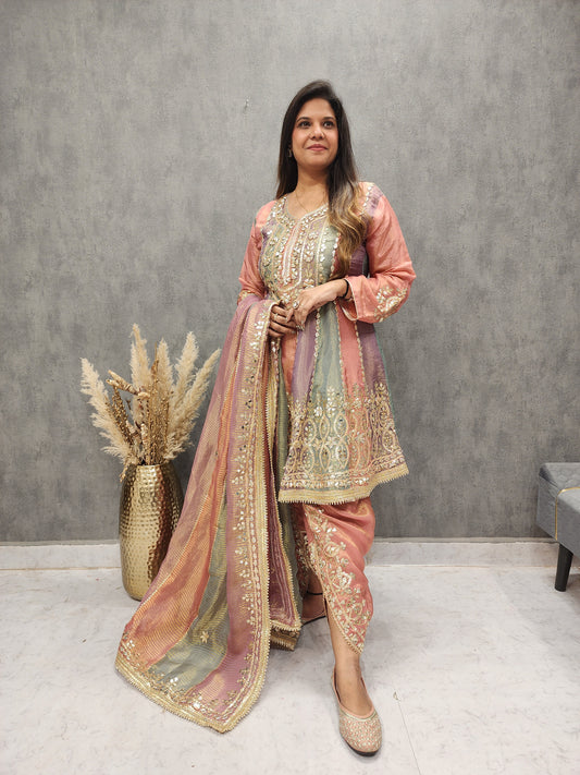 PEACH SHORT ANARKALI WITH TULIP AND GOTAPATTI DETAILING