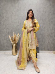 YELLOW SHORT ANARKALI WITH TULIP PANT AND GOTAPATTI DETAILING