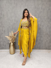 MUSTARD EMBROIDERED TULIP PANT WITH CAPE