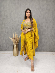 MUSTARD EMBROIDERED TULIP PANT WITH CAPE