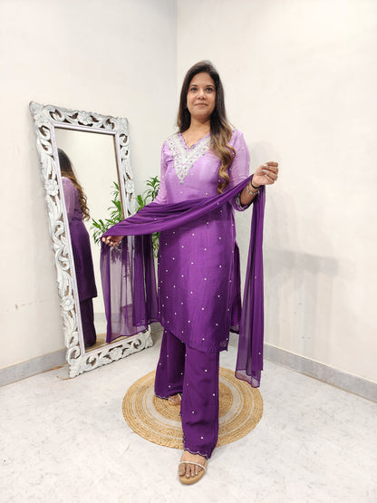 Shades of purple ombre embroided plazo suit