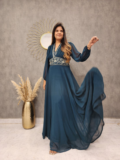 Peacock flary embroided maxi dress