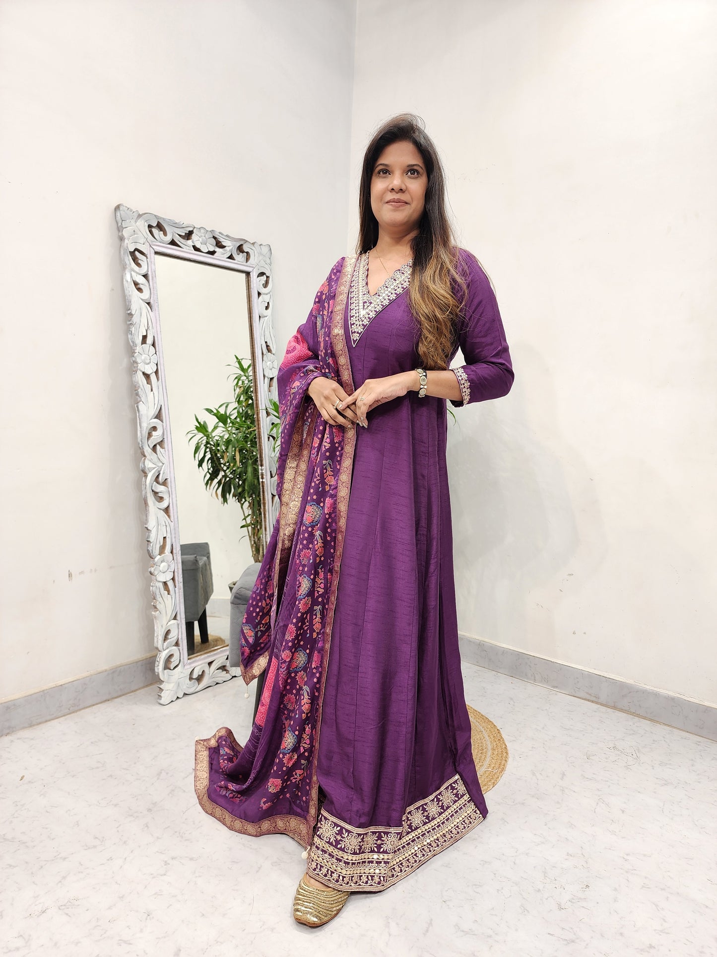 SANA V NECK ANRAKALI MAXI GOWN WITH FLORAL DUPATTA