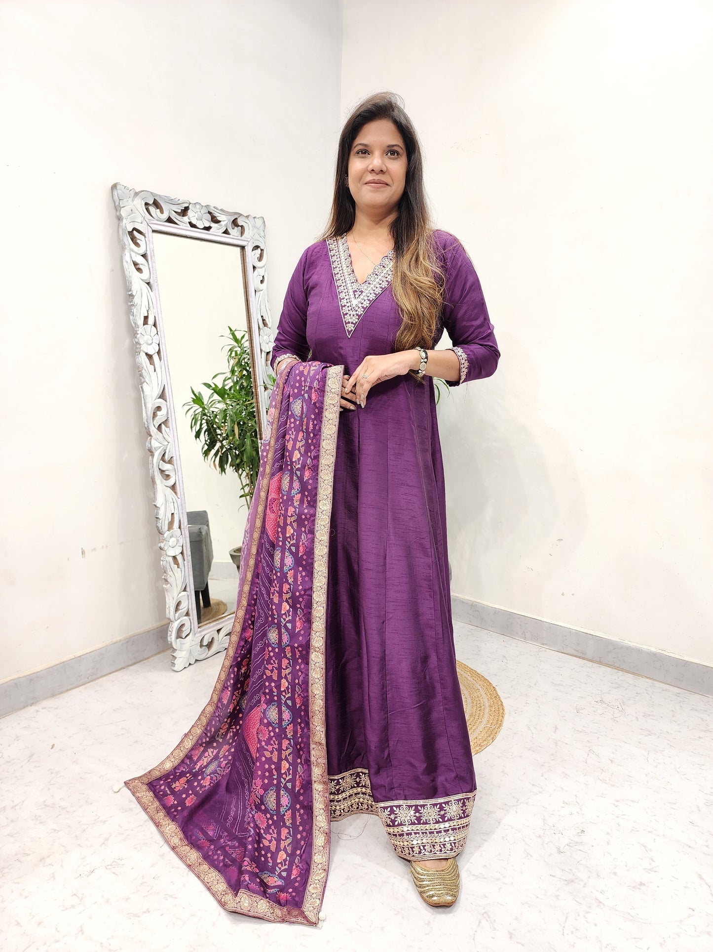 SANA V NECK ANRAKALI MAXI GOWN WITH FLORAL DUPATTA