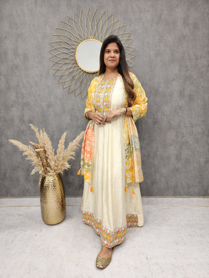 CREAM ANARKALI EMBROIDERED SUIT WITH MULTI DUPATTA