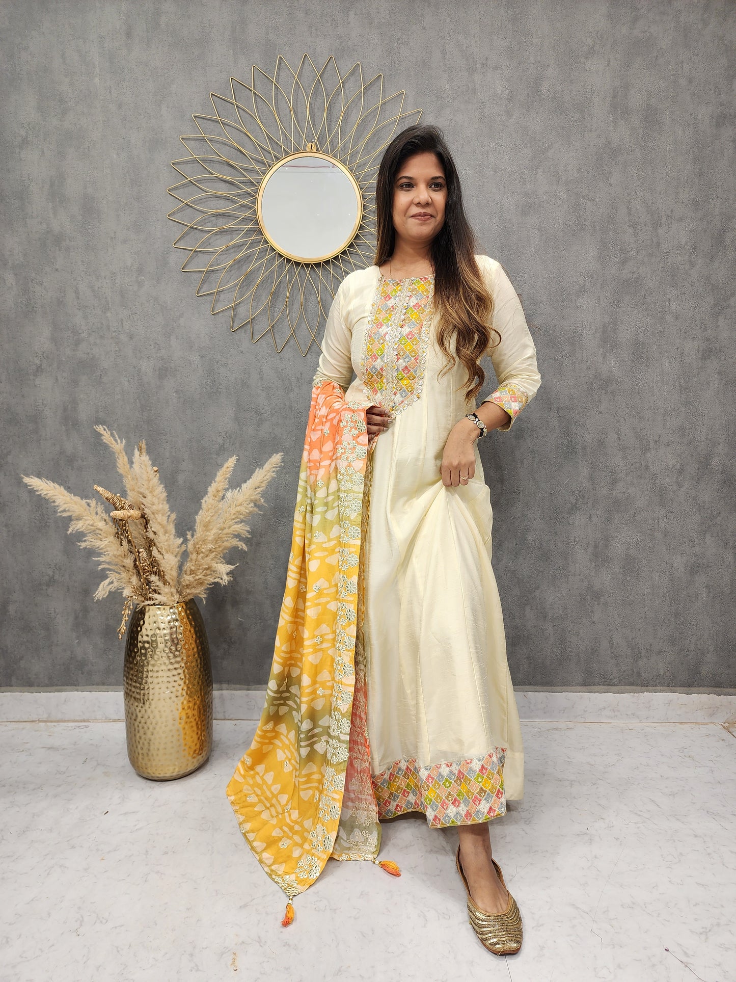 CREAM ANARKALI EMBROIDERED SUIT WITH MULTI DUPATTA