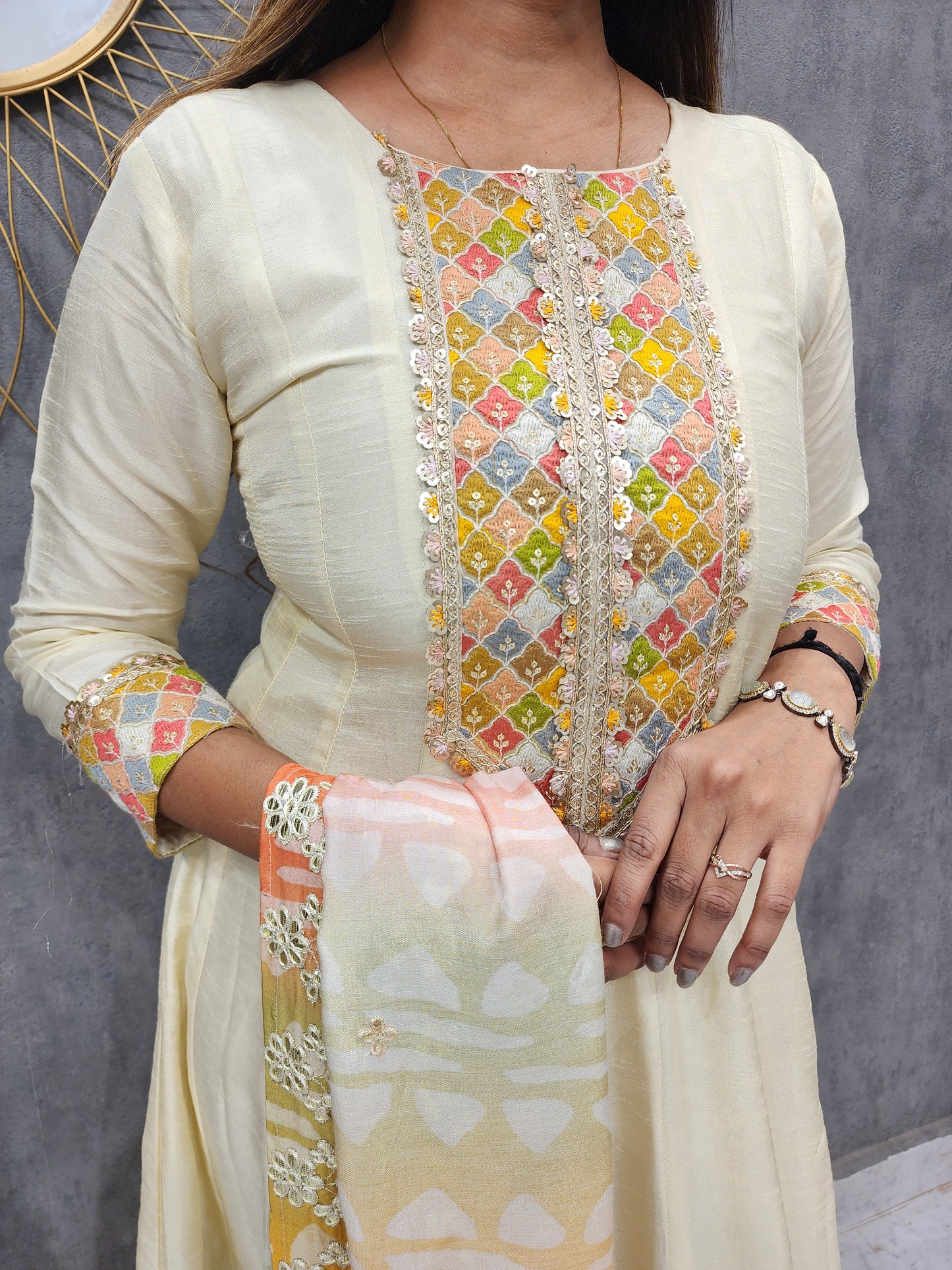 CREAM ANARKALI EMBROIDERED SUIT WITH MULTI DUPATTA