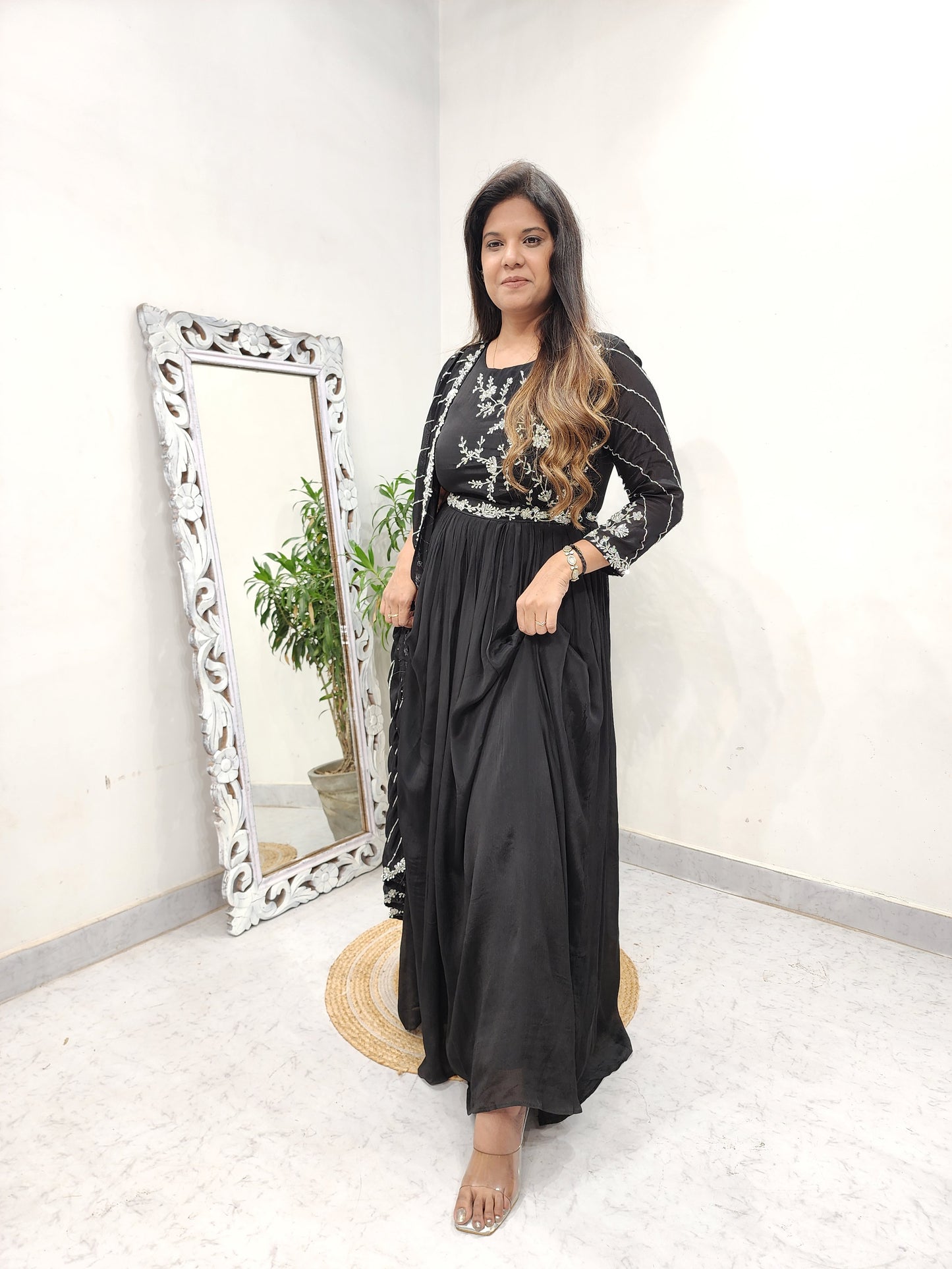 Black side attached dupatta embroided maxi gown