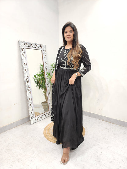 Black side attached dupatta embroided maxi gown