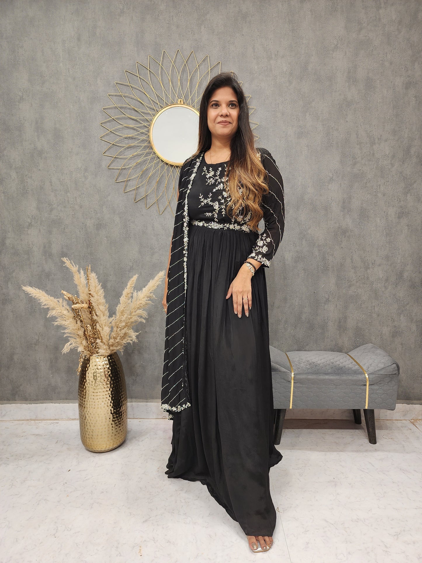 Black side attached dupatta embroided maxi gown