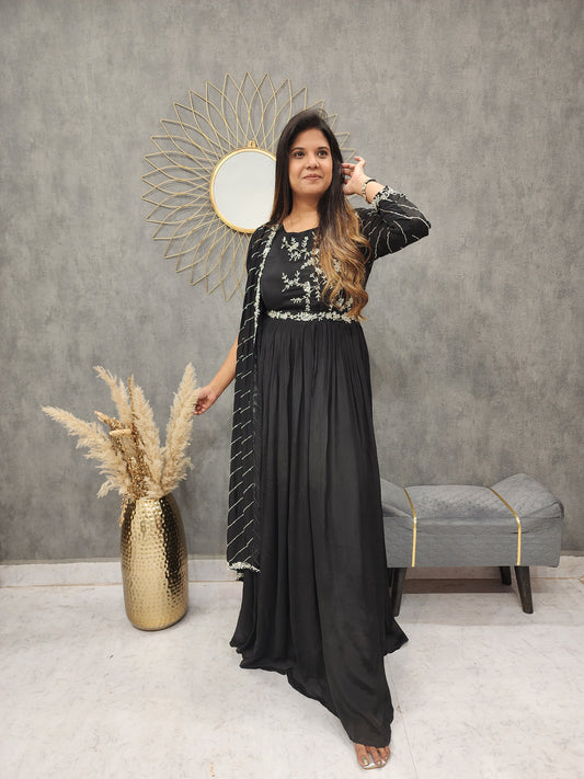 Black side attached dupatta embroided maxi gown