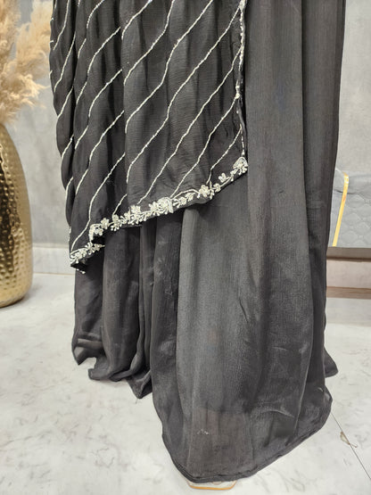 Black side attached dupatta embroided maxi gown