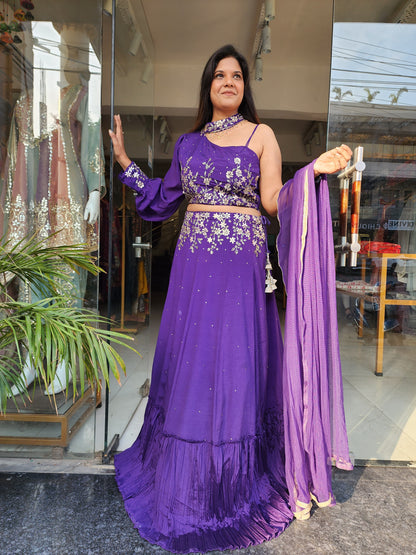 Purple one shoulder gotapatti detailing lehenga