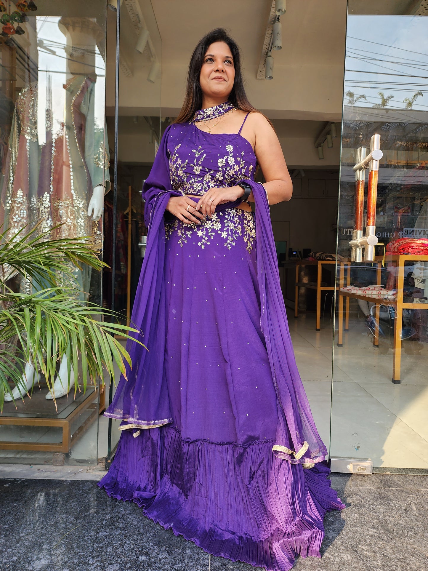 Purple one shoulder gotapatti detailing lehenga