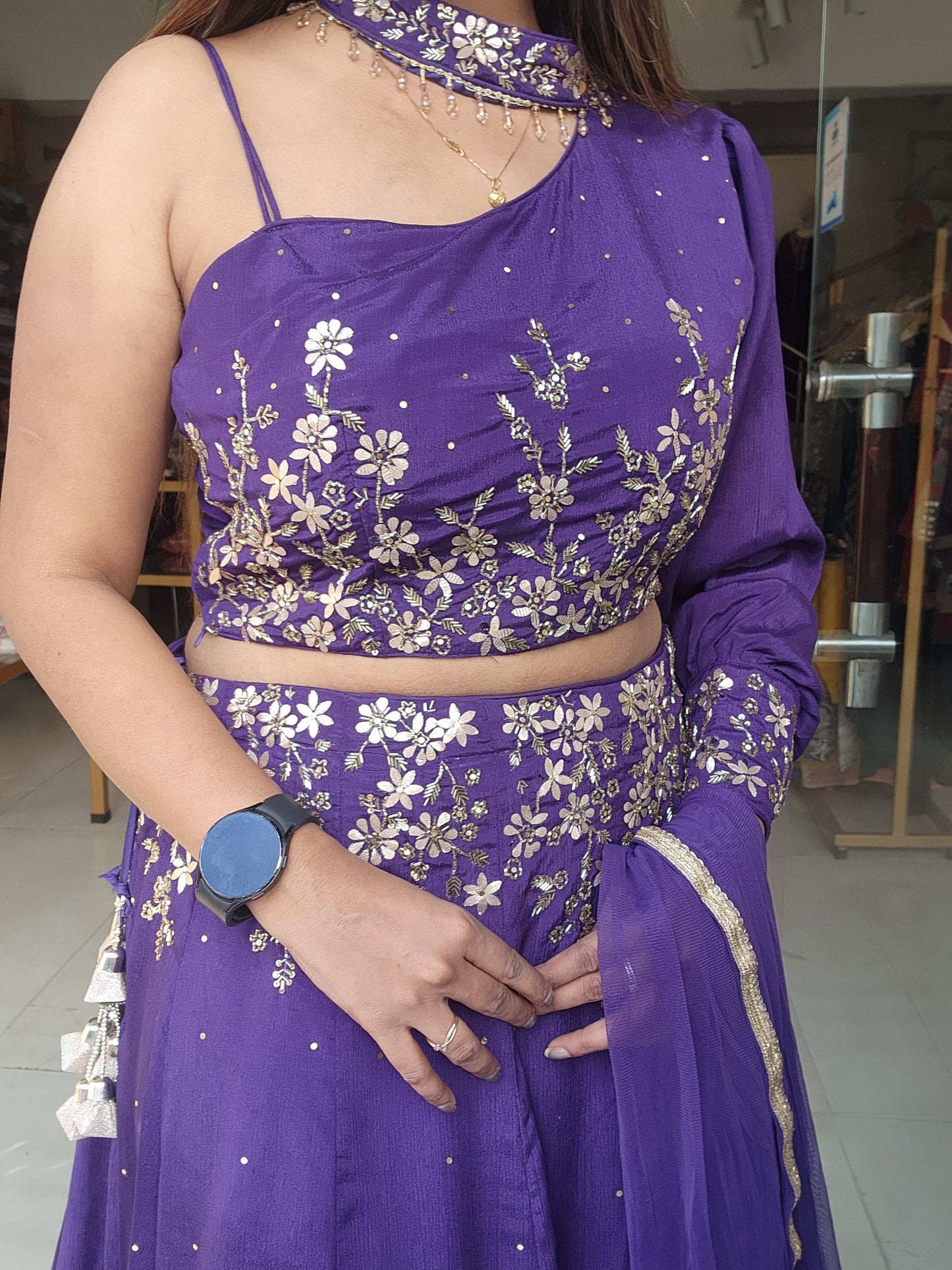 Purple one shoulder gotapatti detailing lehenga