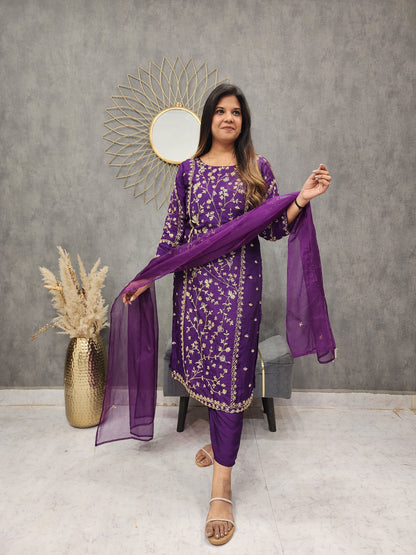 Dark purple embroidered straight pant suit