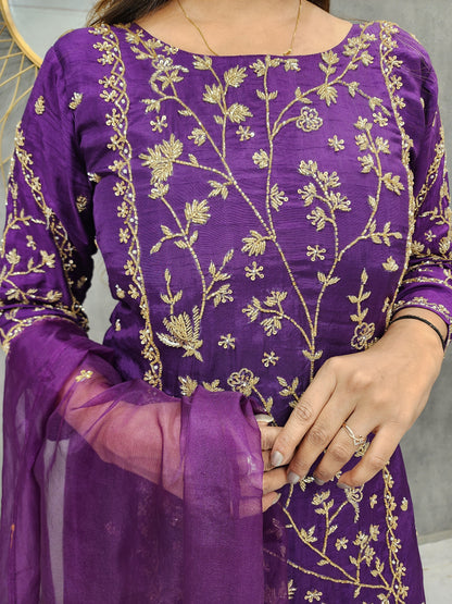 Dark purple embroidered straight pant suit