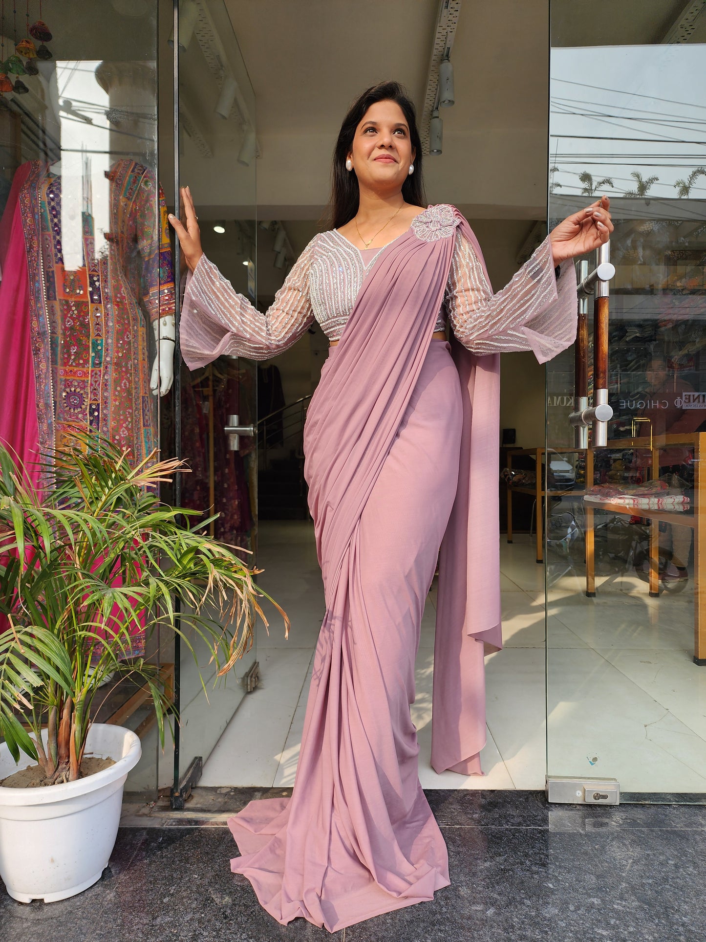 Onion pink embroidered mermaid drape saree