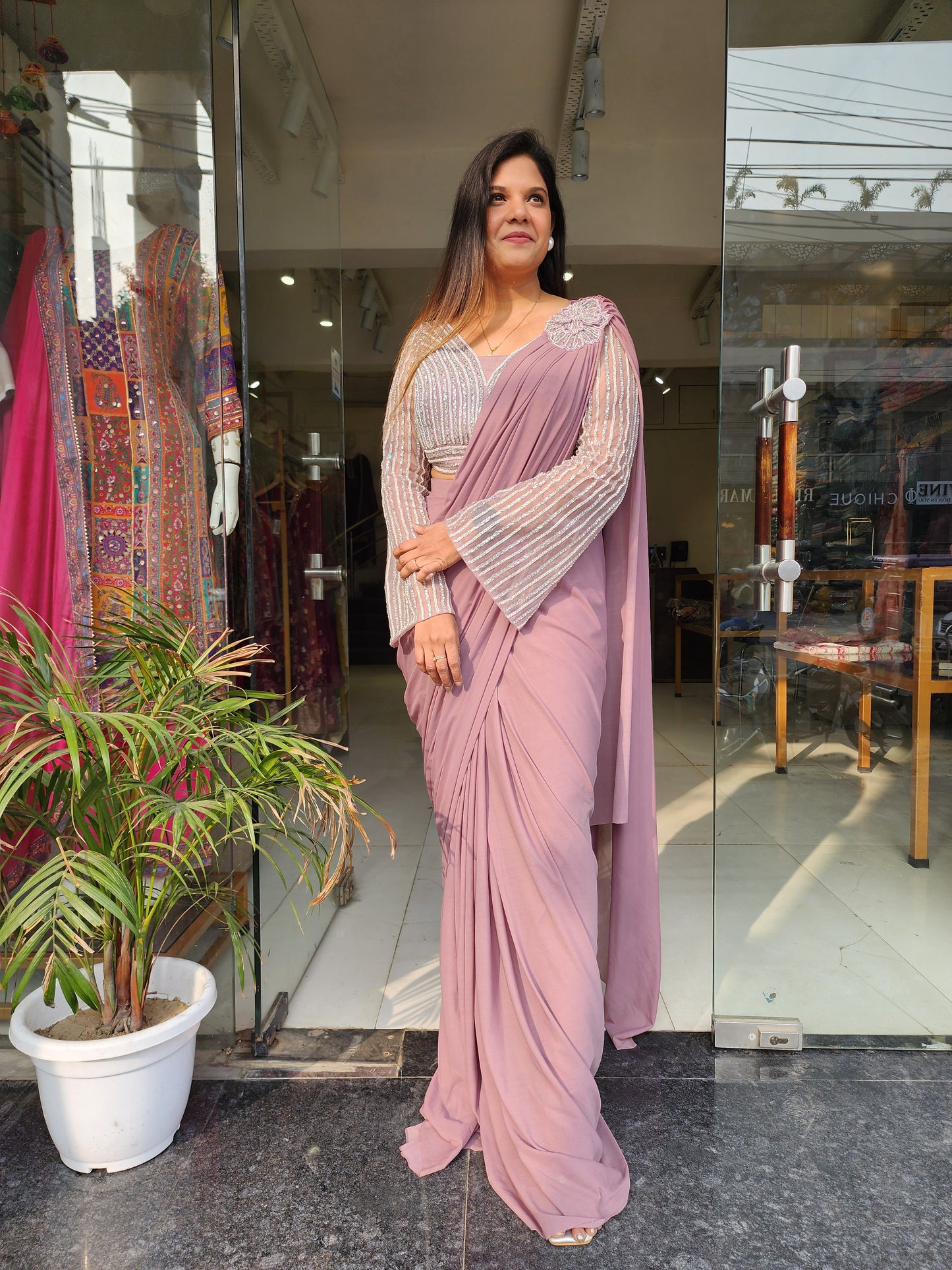 Onion pink embroidered mermaid drape saree