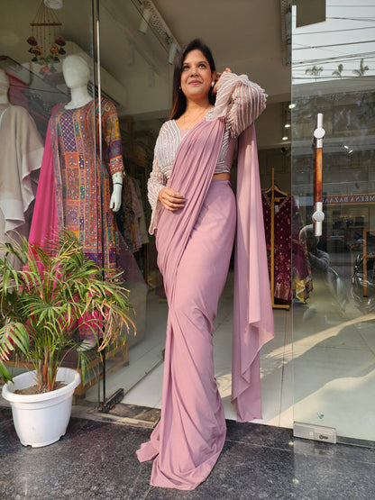 Onion pink embroidered mermaid drape saree