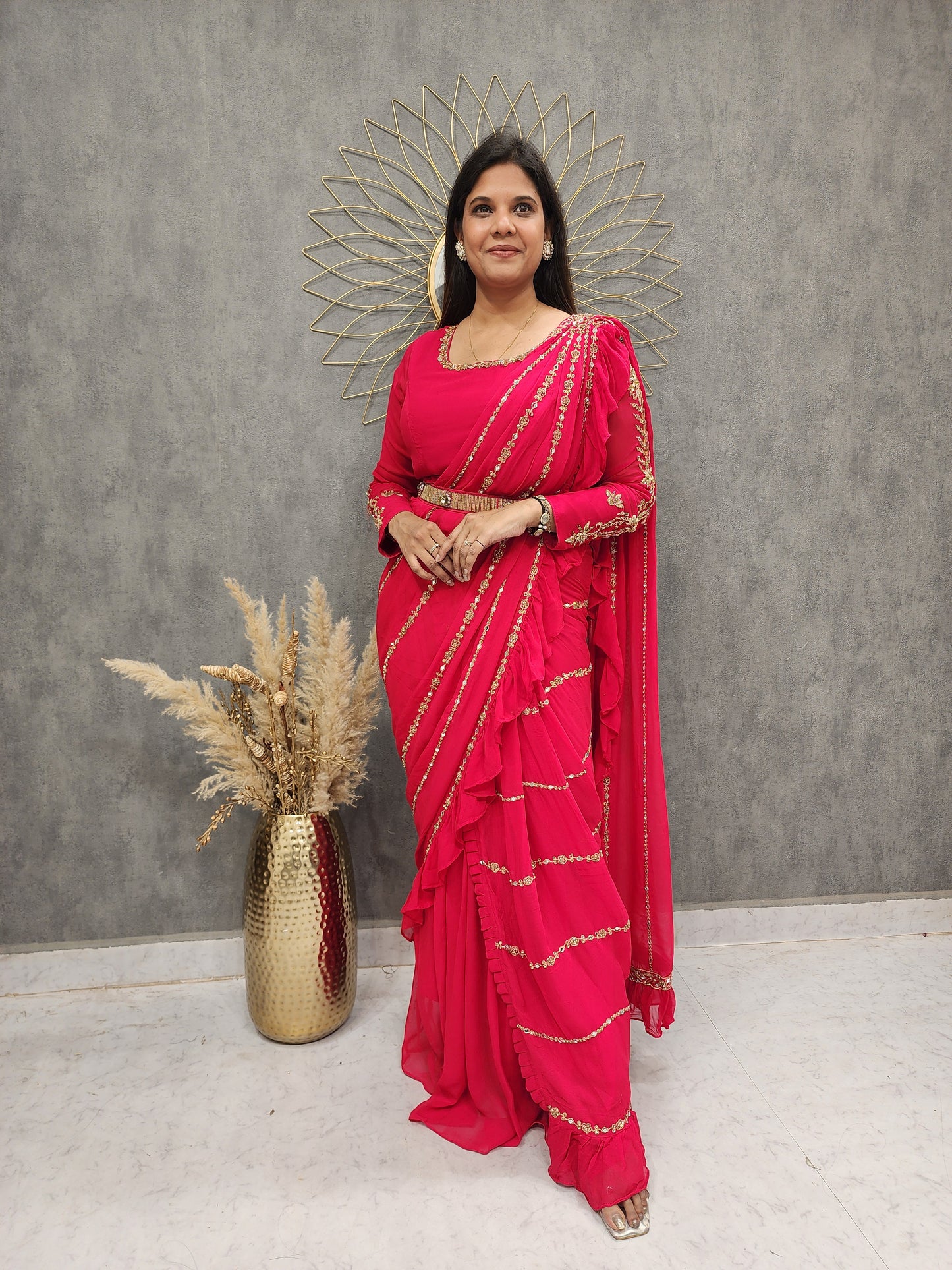 Ps cherry red drape ruffles saree