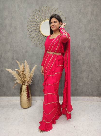 Ps cherry red drape ruffles saree