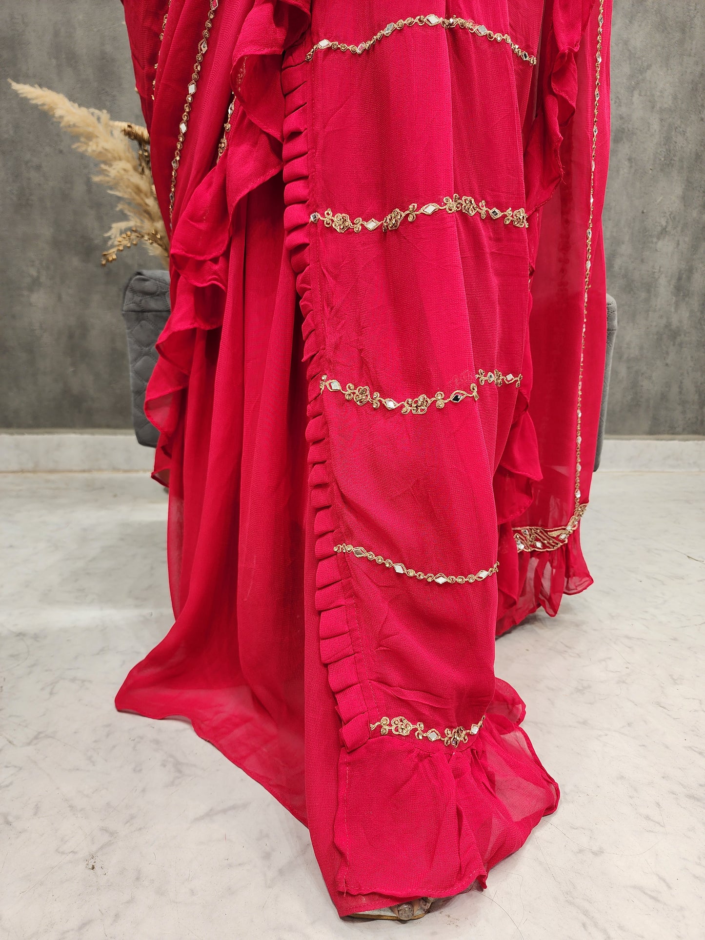 Ps cherry red drape ruffles saree