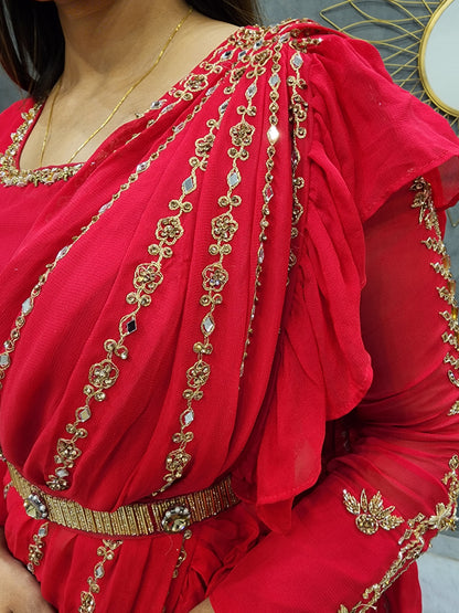 Ps cherry red drape ruffles saree