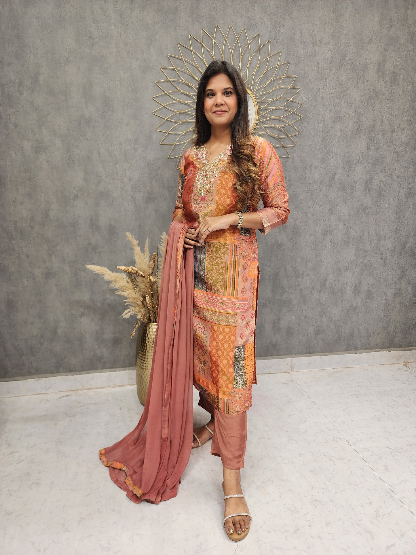 ZARI TISSUE RUST EMBROIDED STRAIGHT PANT SUIT