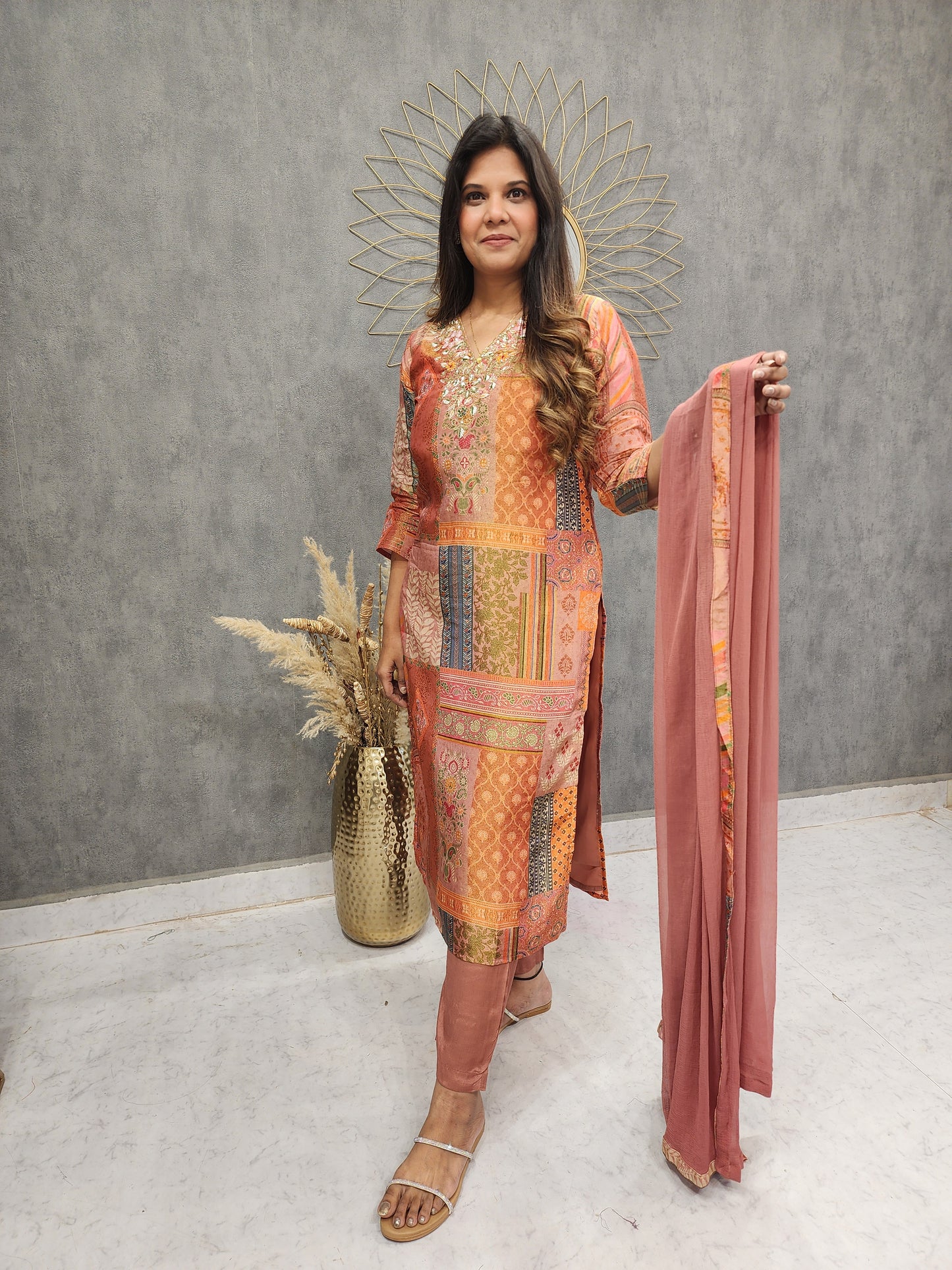 ZARI TISSUE RUST EMBROIDED STRAIGHT PANT SUIT