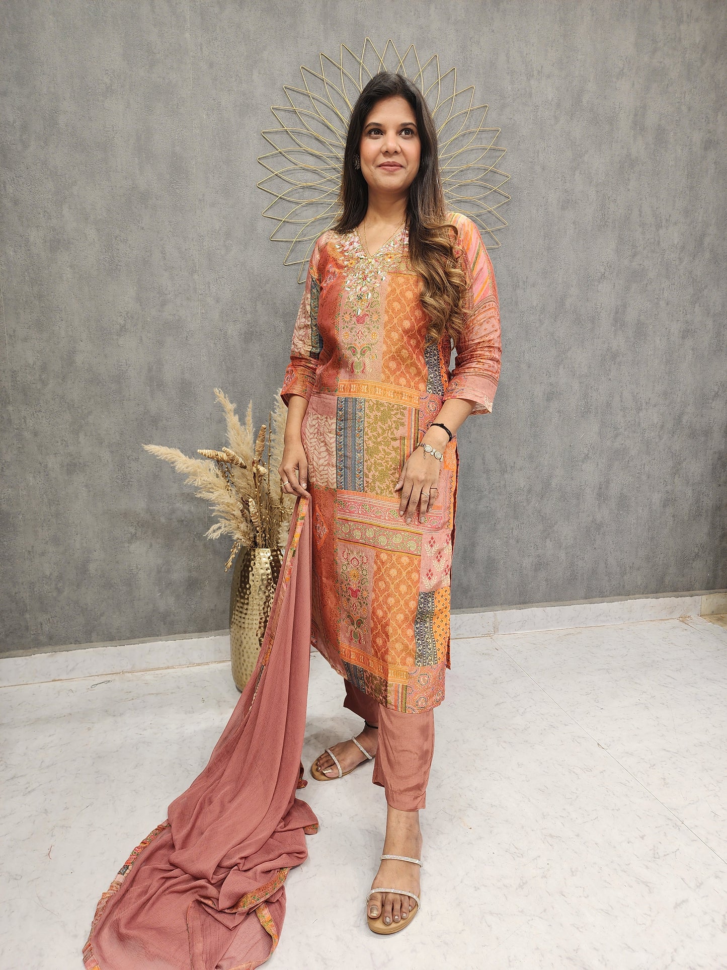 ZARI TISSUE RUST EMBROIDED STRAIGHT PANT SUIT