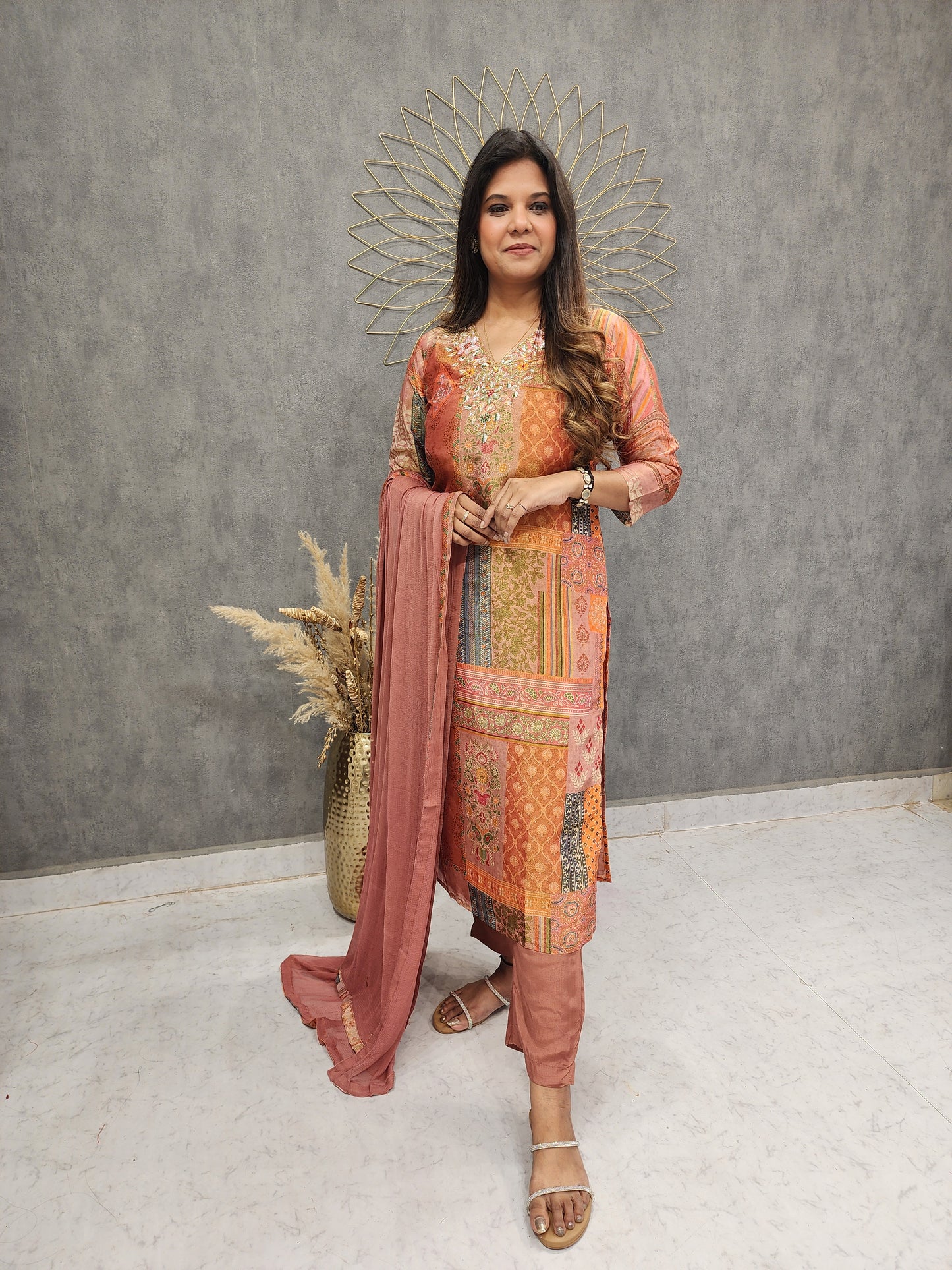 ZARI TISSUE RUST EMBROIDED STRAIGHT PANT SUIT