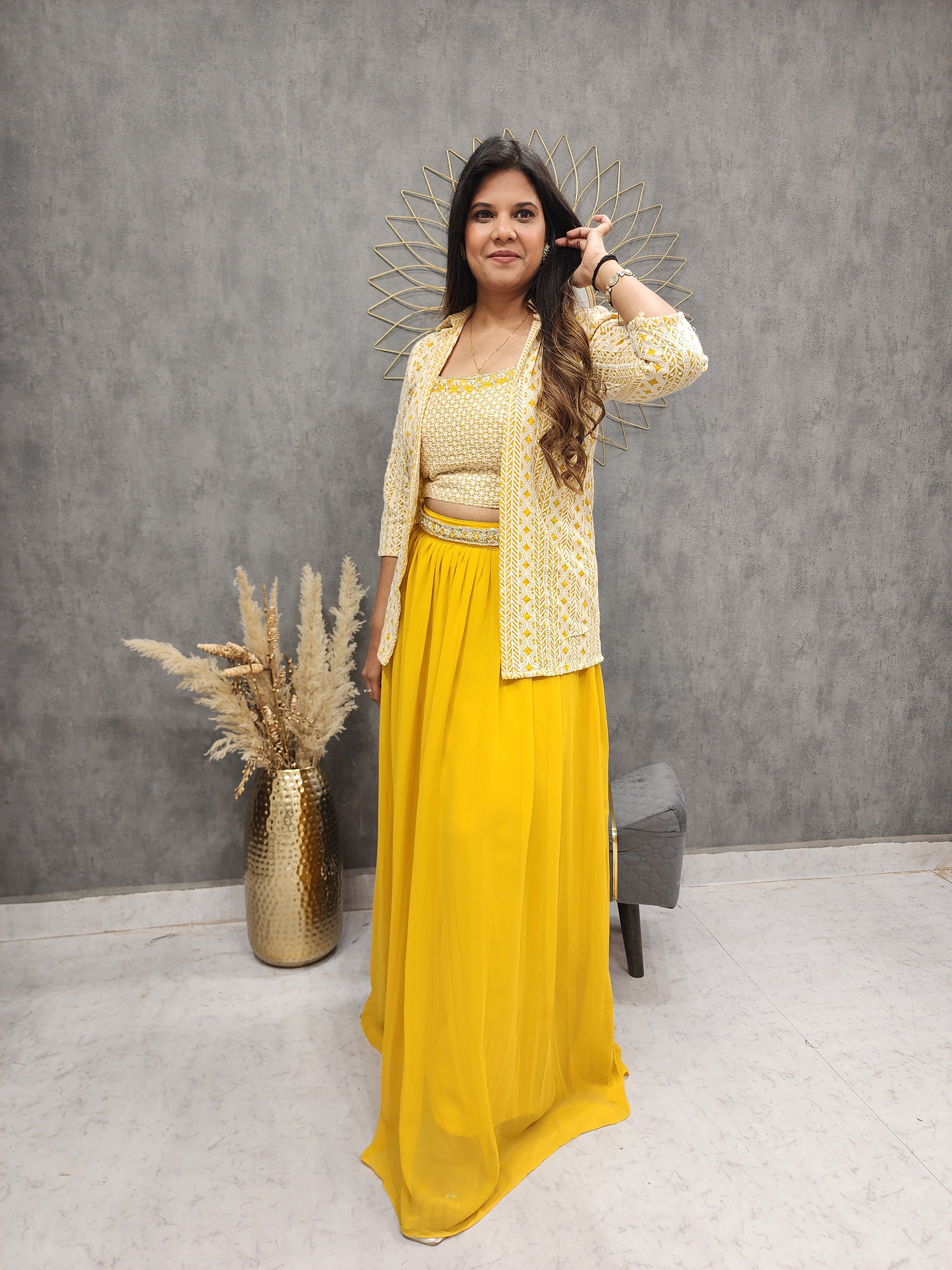 Buy Indo Western Maxi Gown - Mustard Yellow Georgette Embellished Gown –  Empress Clothing
