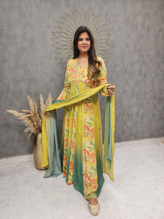 ASH LIME GREEN FLORAL EMBROIDED ANARKALI MAXI GOWN