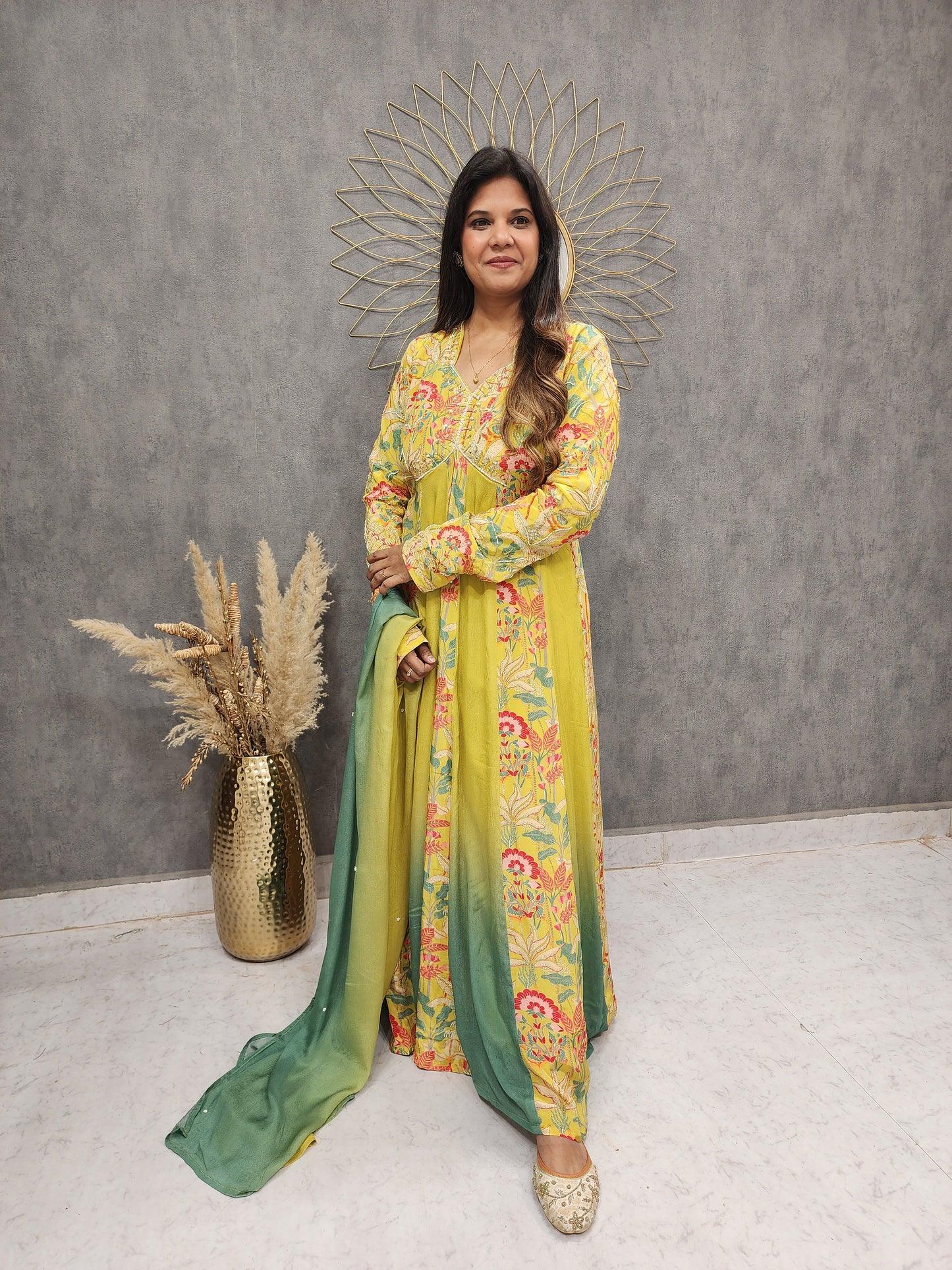 ASH LIME GREEN FLORAL EMBROIDED ANARKALI MAXI GOWN