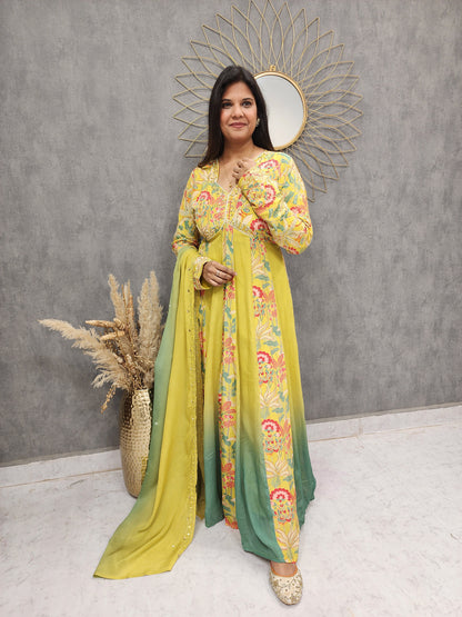 ASH LIME GREEN FLORAL EMBROIDED ANARKALI MAXI GOWN