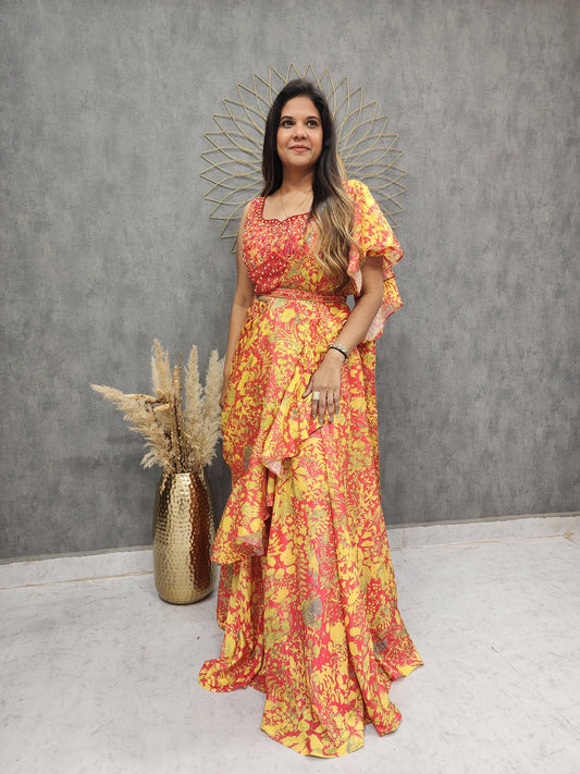 Printed ruffles divider saree with belt